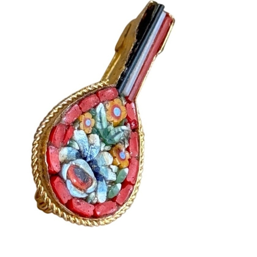 VT Brooch Floral Rose Floral Italy Colorful Micro-mosaic Banjo Guitar Red Gold